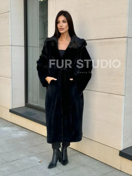 Норка кимоно BLACKGLAMA роспуск, капюшон кобра - фото 9