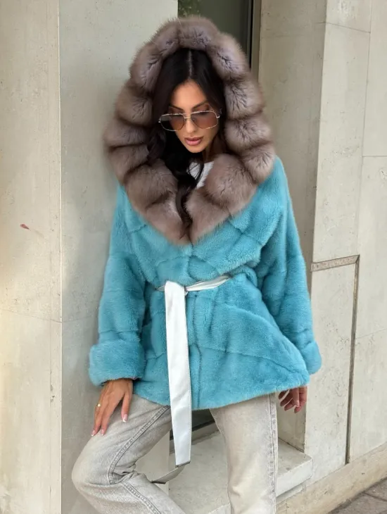 Шуба Autolady из норки с капюшоном из меха куницы - цвет тиффани - фото 8