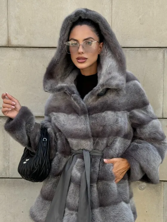 Норковая шуба с рукавом трансформер, капюшон - цвет PLATINUM (СЕРЫЙ) - фото 10
