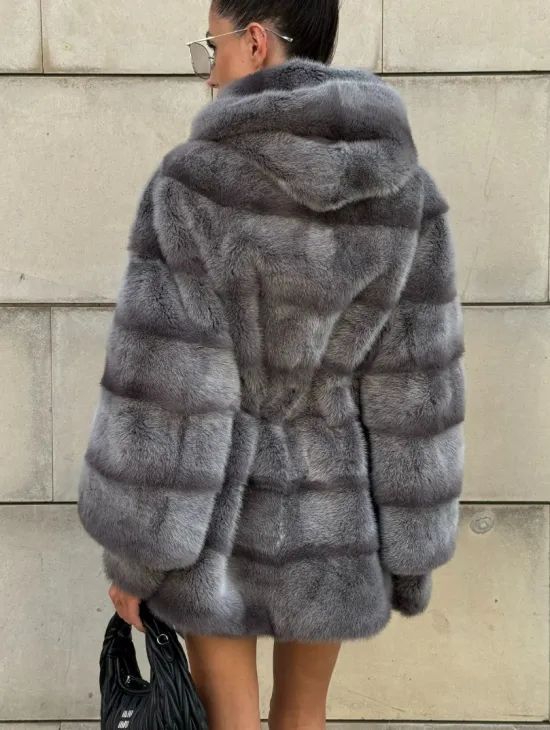 Норковая шуба с рукавом трансформер, капюшон - цвет PLATINUM (СЕРЫЙ) - фото 8