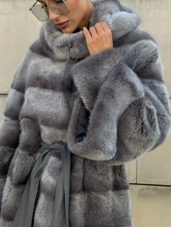Норковая шуба с рукавом трансформер, капюшон - цвет PLATINUM (СЕРЫЙ) - фото 1