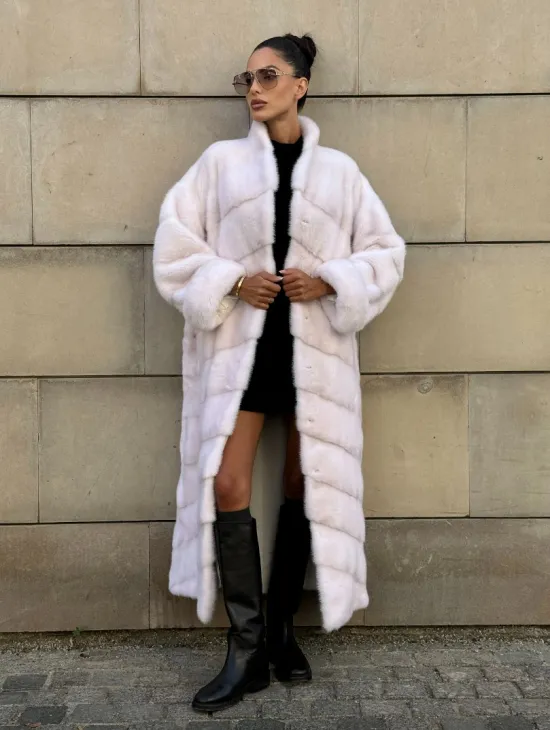 Норковая шуба с поясом, стойка воротник - цвет колотый лед - фото 11