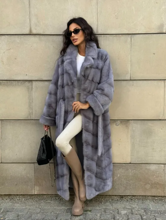 Голубая шуба New Fashion из меха аукционной норки, английский воротник - фото 7