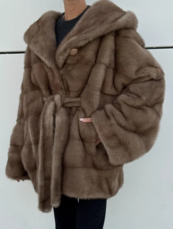 Норковая шуба автоледи с капюшоном кобра, цвет Тортор - фото 1