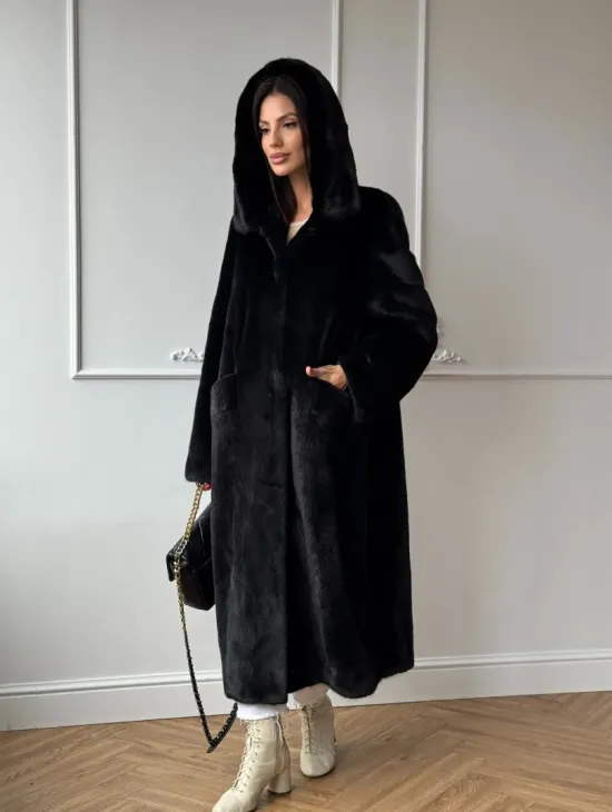 Натуральная черная женская шуба из меха норки Blackglama с капюшоном - фото 8