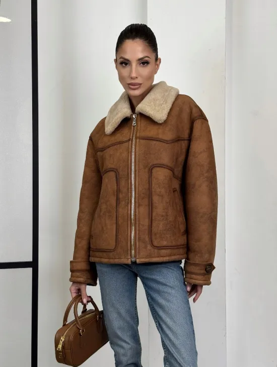 Зимняя короткая кожаная куртка из мериноса в стиле “Vintage” - фото 10