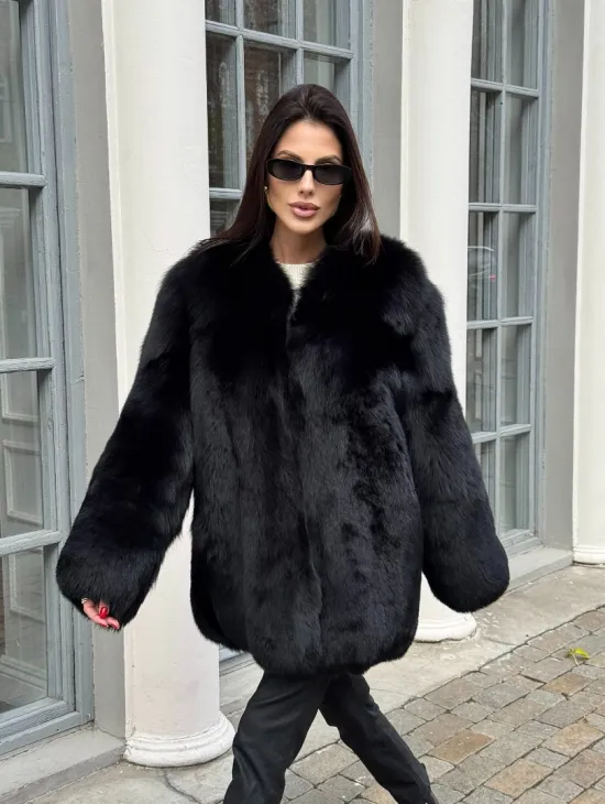 Шуба - жакет из меха песца цельные платины TOTAL BLACK - фото 0