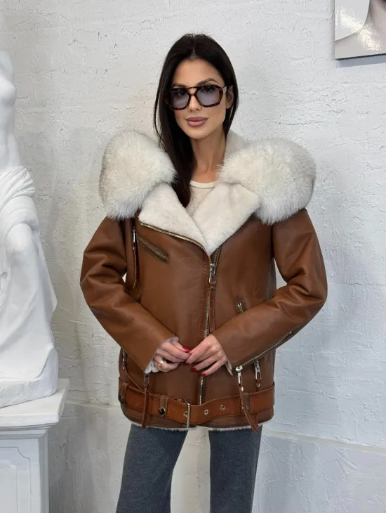 Дубленка - куртка женская из натуральной овчины с капюшоном из меха финского песца - фото 9