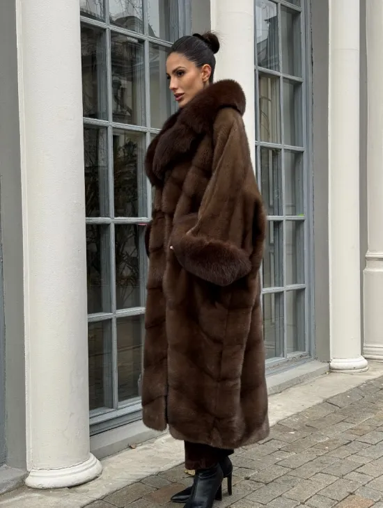 Норковая шуба пальто стиль «Бохо» с воротником и рукавами из меха песца - цвет орех - фото 9