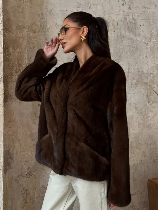 Полушубок женский из меха аукционной норки Браун Вельвет - фото 0