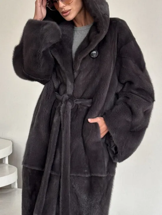 Зимняя норковая шуба с капюшоном - цвет графит - фото 2