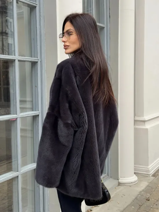 Графитовый норковый жакет с V-образным воротником - фото 3