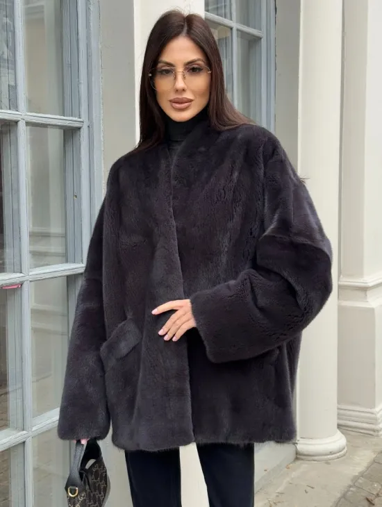 Графитовый норковый жакет с V-образным воротником - фото 0