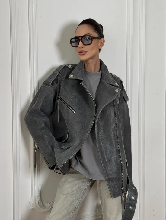 Винтажная кожаная косуха оверсайз - серый графит - фото 0