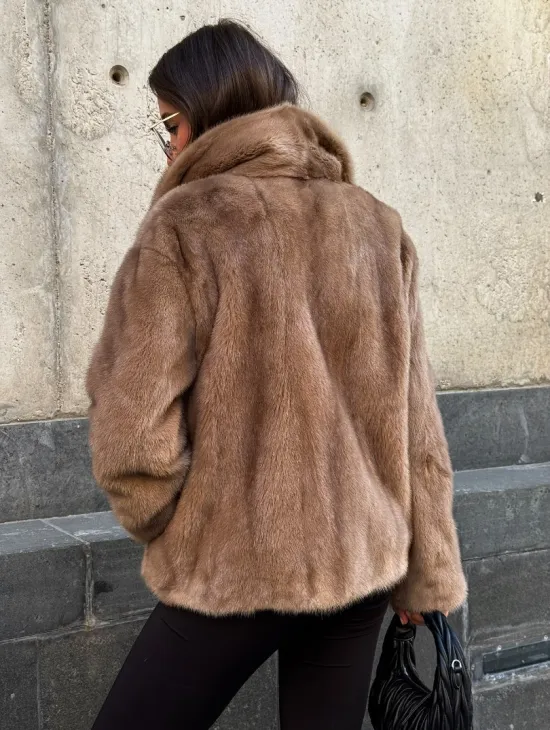Короткий норковый жакет с английским воротником цвет пастель - фото 3