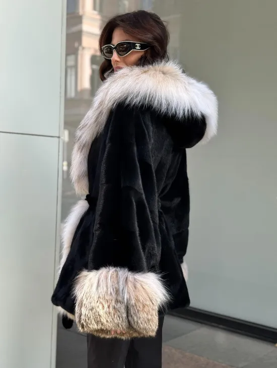 Черная норковая шуба PREMIUM COLLECTION с отделкой из меха канадской рыси - фото 7
