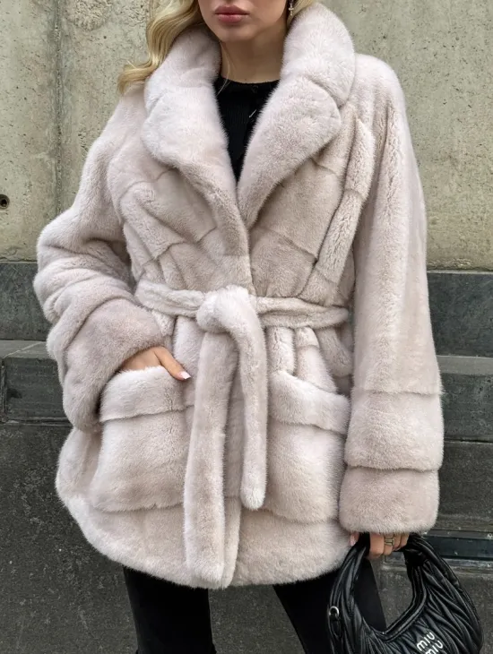 Светлый норковый полушубок PREMIUM FUR с английским воротником - фото 2