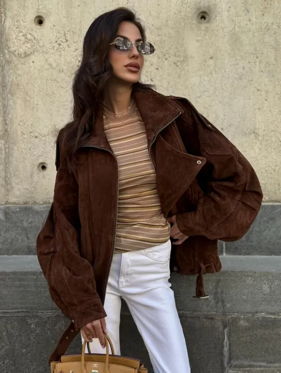 Винтажная куртка - бомбер из замши в коричневом цвете - фото 5