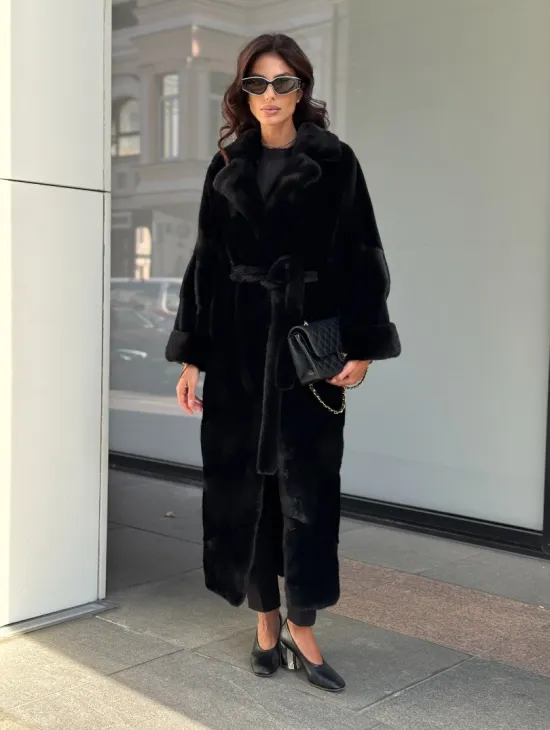 Удлиненная черная шуба с поясом из скандинавской норки - фото 7