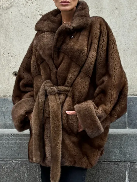 Шуба летучка из премиум меха норки - цвет соболь - фото 2