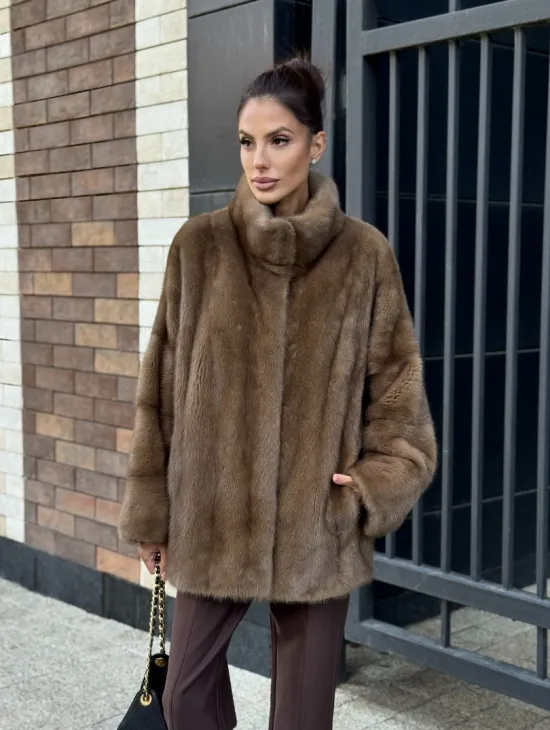 Шуба норковая пастель - стойка воротник - фото 10