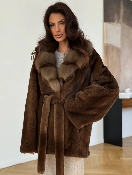 Норковый полушубок - цвет соболь - фото 0