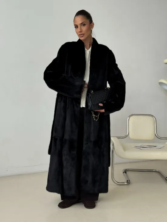 Длинная черная норковая шуба - фото 9