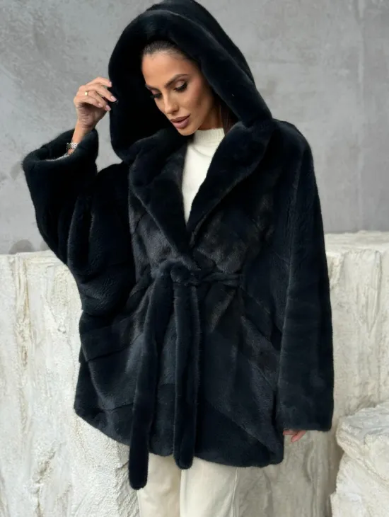 Шуба норковая летучая мышь с капюшоном - фото 3