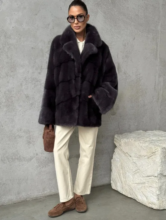 Меховой полушубок из норки  графит - фото 2