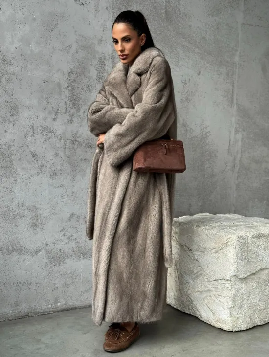 Длинная норковая шуба - цвет серый - фото 7