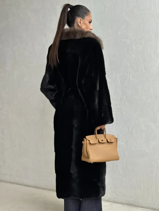 Черная норковая шуба - воротник куница - фото 4