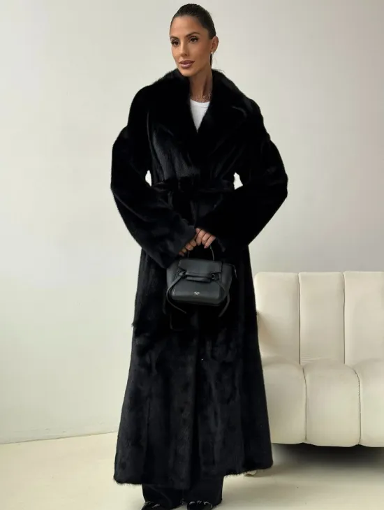 Черная норковая шуба с поясом - фото 0