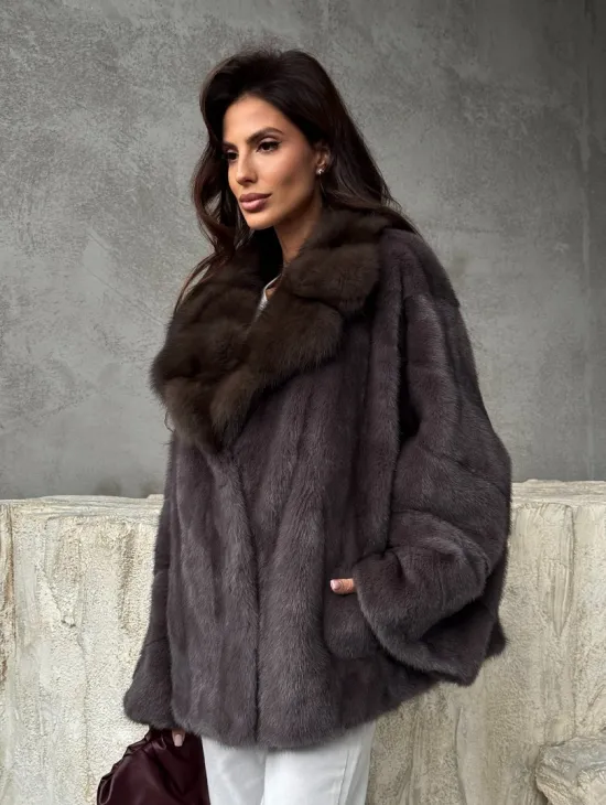 Норковый полушубок с воротником куница - фото 7