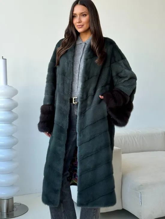 Норковая шуба с манжетами из куницы - цвет зеленый - фото 4