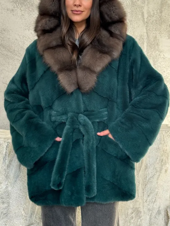 Шуба норка кимоно - капюшон куница - фото 1