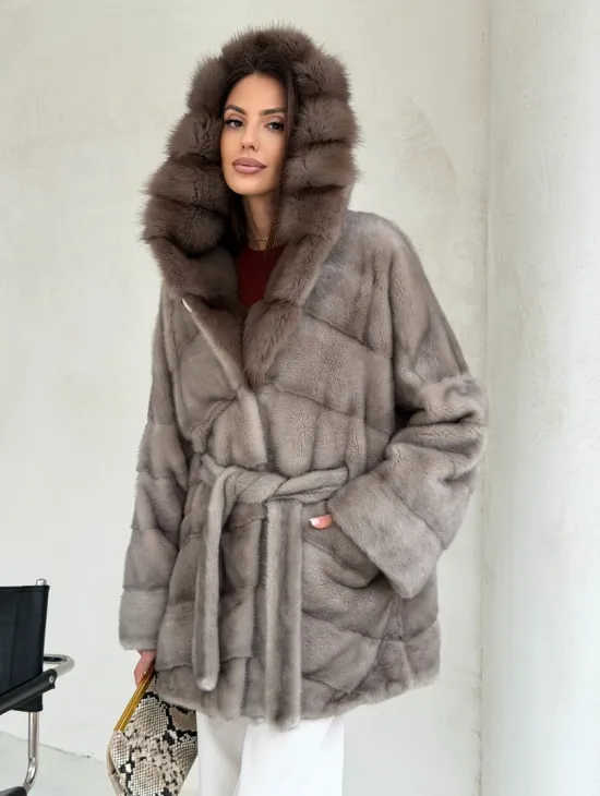 Серый норковый полушубок - капюшон куница - фото 8