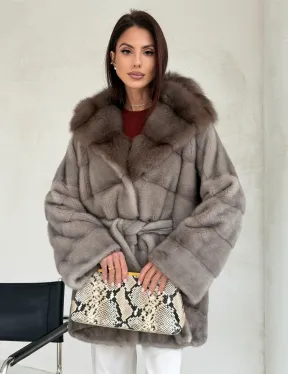 Серый норковый полушубок - капюшон куница - фото 0