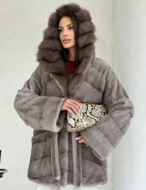 Серый норковый полушубок - капюшон куница - фото 6