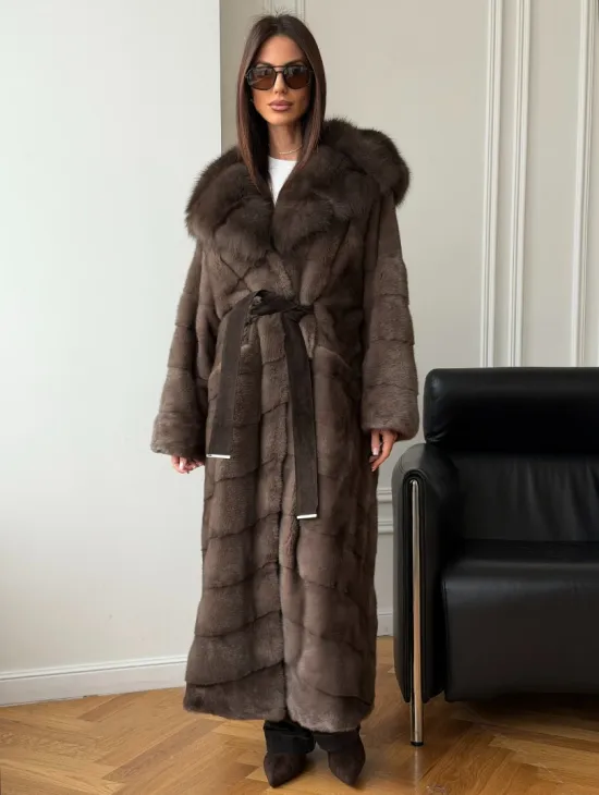 Шуба-кимоно с капюшоном куница - фото 8