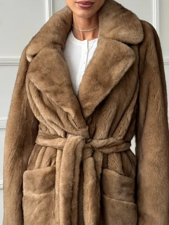 Полушубок норковый пастель с меховым поясом - фото 1