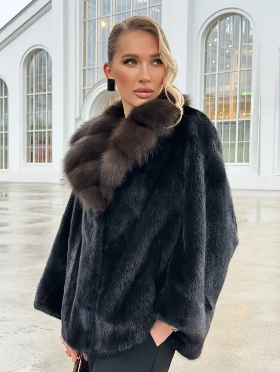 Черный норковый жакет с воротником куницы - фото 0