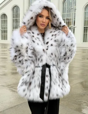 Шуба из лисьего меха под рысь с капюшоном - фото 0