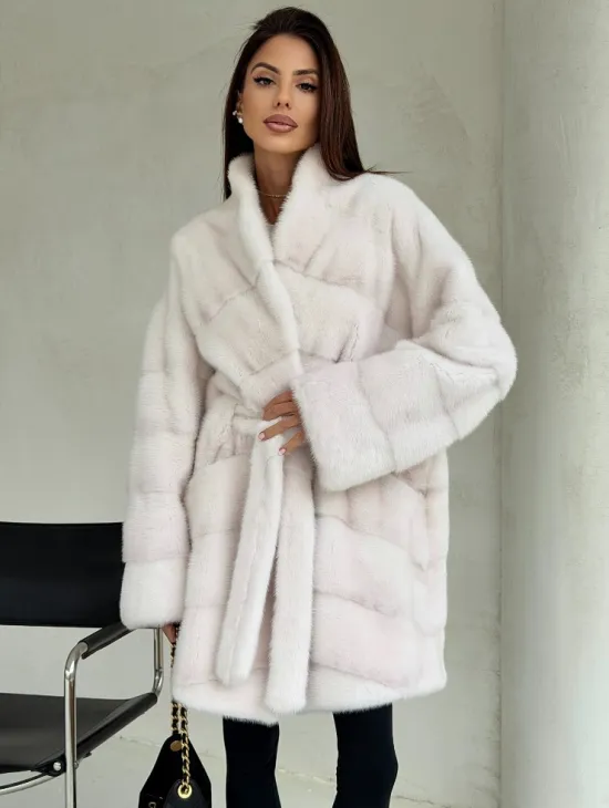 Белая шуба-кимоно, мех норка - фото 7