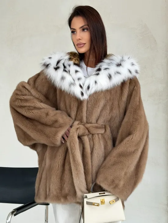Шуба норковая пастель в роспуск с капюшоном под рысь - фото 6