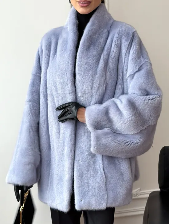 Голубой норковый полушубок - летучая мышь - фото 2