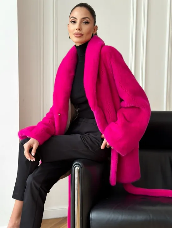 Шуба из плюшевой норки Velvet - фуксия - фото 4