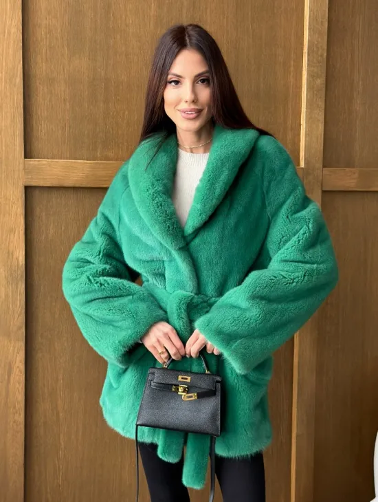 Шуба из плюшевой норки VELVEТ - изумруд - фото 10