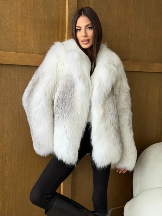 Белый полушубок из крестовой лисы - английский воротник - фото 7