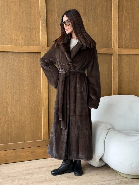 Норковая шуба - прямой крой с меховым поясом - фото 11