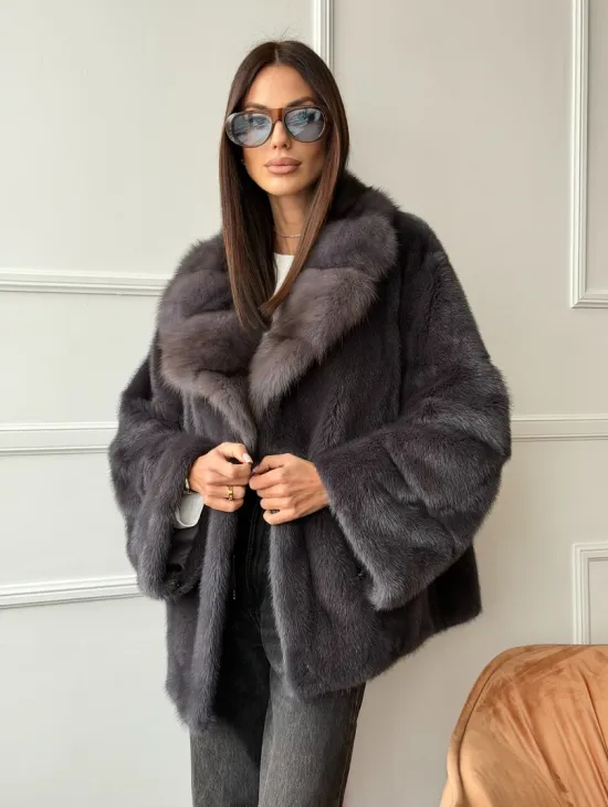 Автоледи норковая с воротником куницы - графит - фото 9